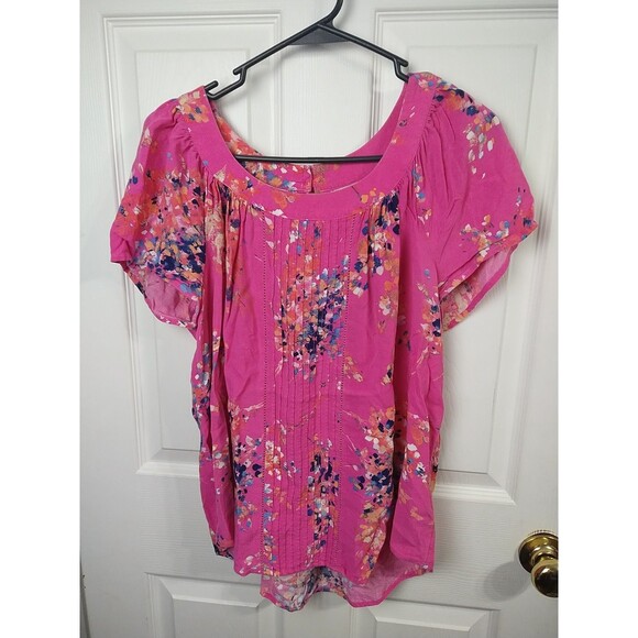 St. Johns Bay Woman PXL Blouse Pink Floral Pleated Round Neck Ladder Crochet... - Picture 1 of 8